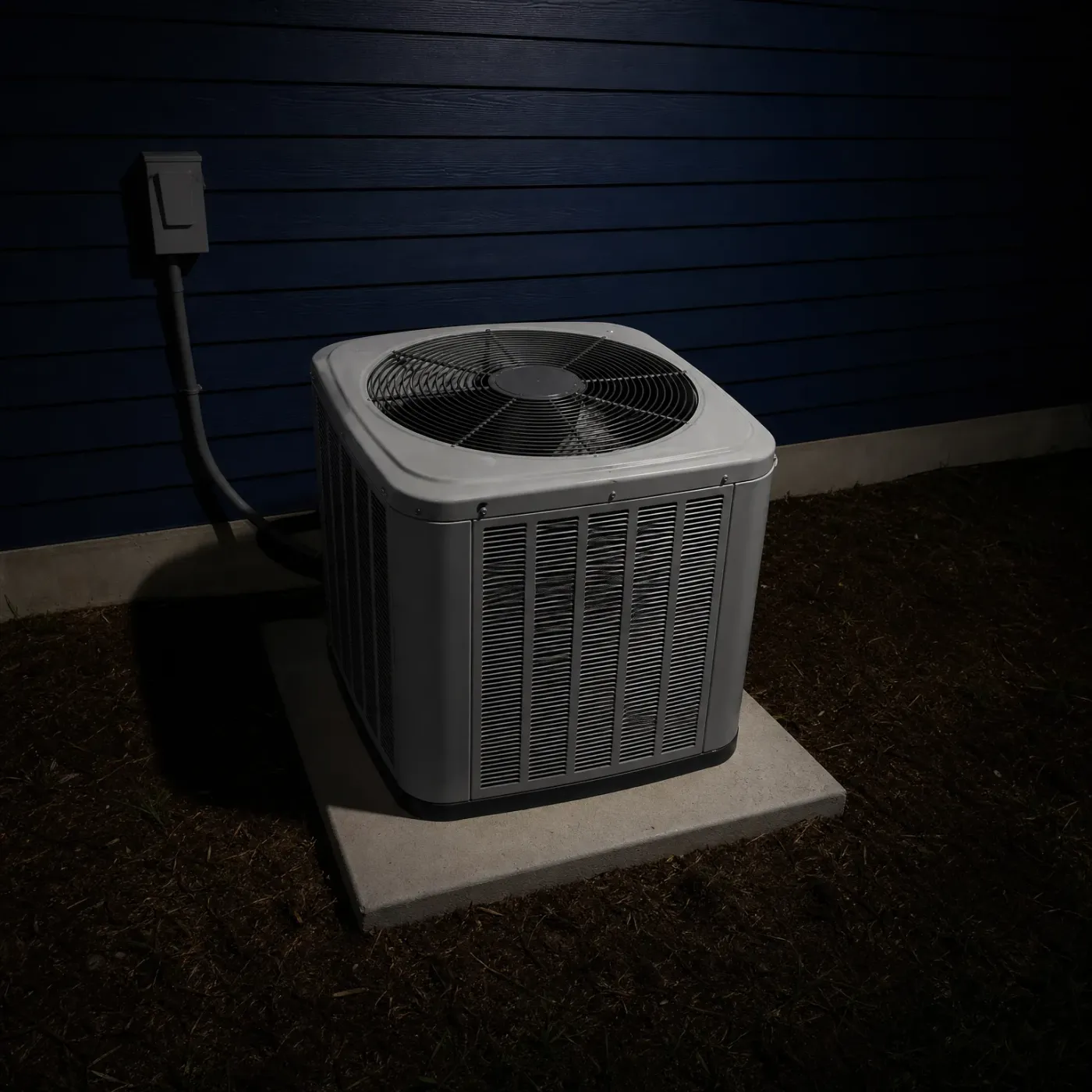 An outdoor air conditioner condenser unit on a concrete pad beside a dark blue horizontal-lap sided wall, with a disconnect box and conduit on the wall, surrounded by bare soil at night.