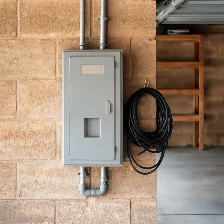 A gray electrical panel box with metal conduit runs mounted on a tan concrete block wall, with a coiled black extension cord hanging beside it and wooden shelving in an open garage bay in the background.