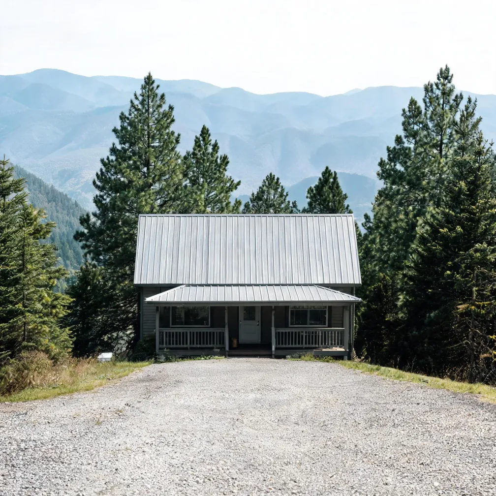 A gray gable-roofed house with a covered porch sits at the end of a wide gravel drive, framed by tall conifers with hazy mountain ridges behind.