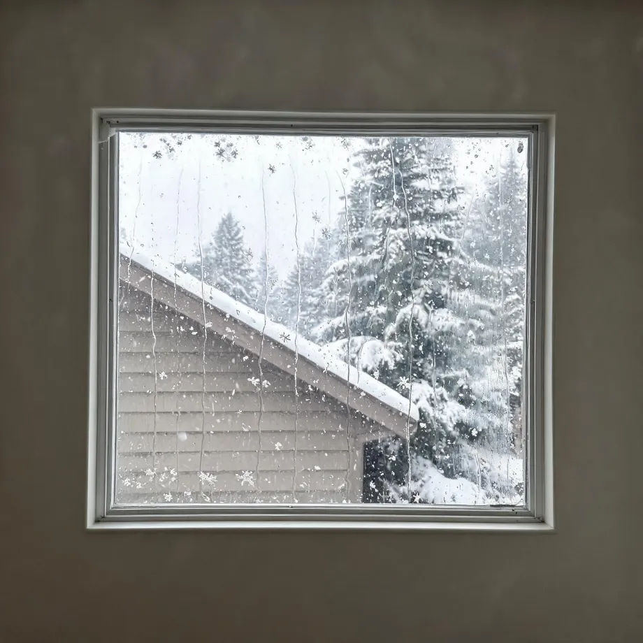 View through a condensation-streaked window in a plain interior wall onto a snow-covered sloping roof with horizontal siding and snow-laden conifer trees during falling snow.