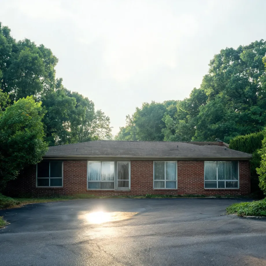 A single-story red brick building with a low shingled roof and large windows, fronted by a wide asphalt parking area with sun glare, surrounded by dense green trees and shrubs.