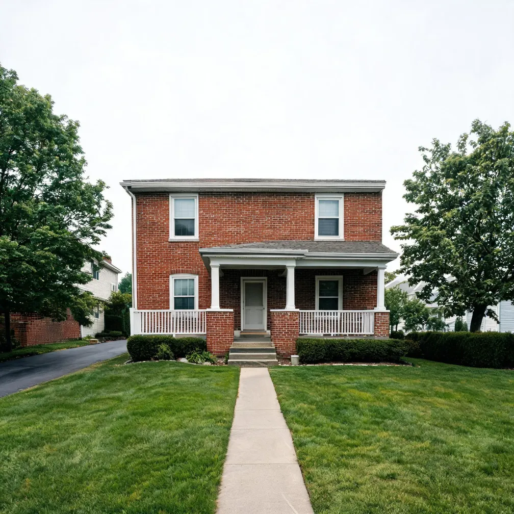 A two-story red brick house with a white-columned covered porch, white-trimmed windows, and a concrete walkway crossing a green lawn toward the front steps, with deciduous trees and neighboring houses on either side under an overcast sky.
