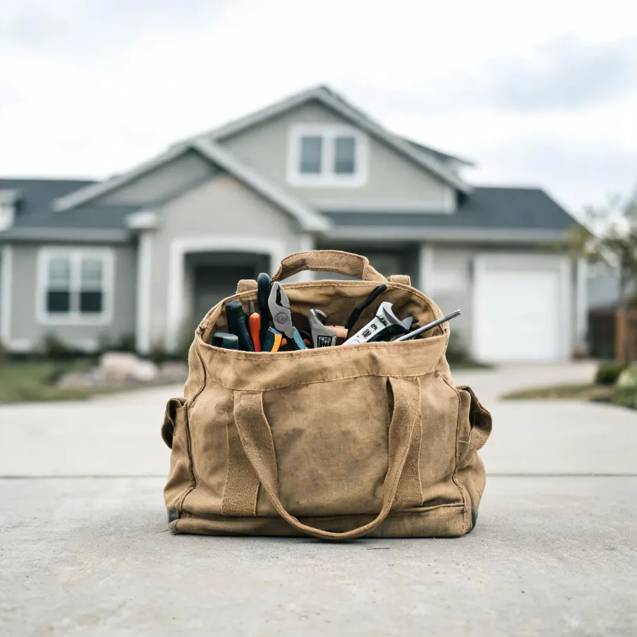 A tan canvas tool bag filled with pliers, wrenches, screwdrivers and other hand tools sits on a concrete driveway in front of a blurred two-story house with a white garage door.