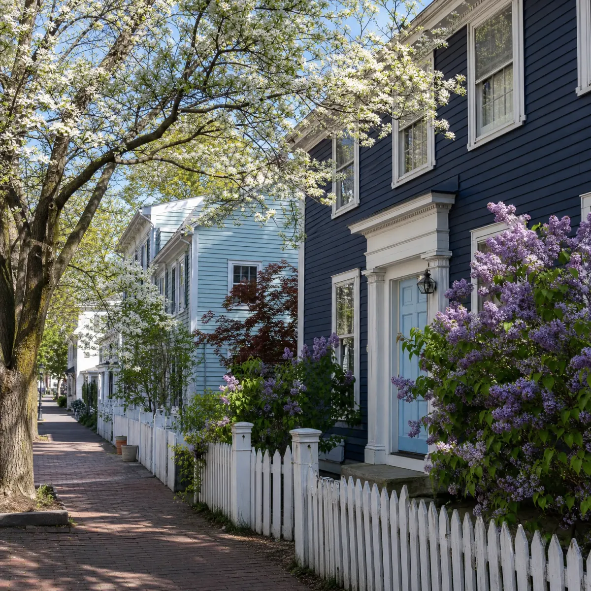 A brick sidewalk runs past white picket fences and clapboard houses in navy, pale blue, and white, with blooming lilac bushes and a flowering white tree overhead.