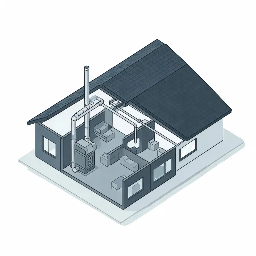 Isometric cutaway illustration of a single-story house showing interior rooms with furniture, a furnace unit connected to ducting and vertical flue pipes running through the roof.
