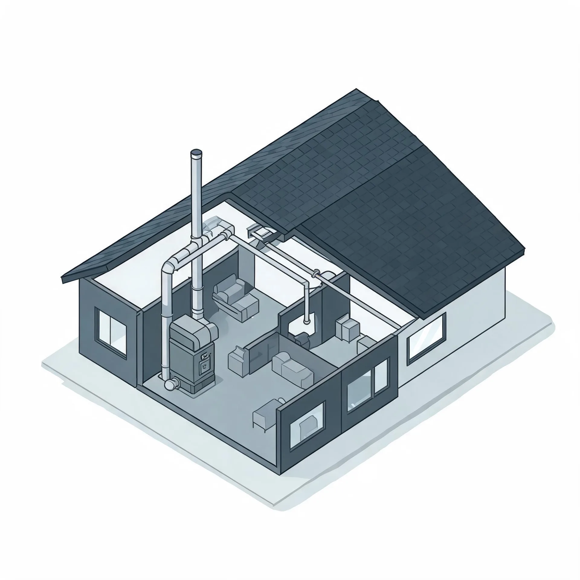 Isometric cutaway illustration of a single-story house showing interior rooms with furniture, a furnace unit connected to ducting and vertical flue pipes running through the roof.