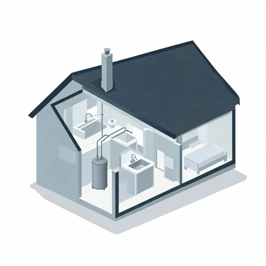 Isometric cutaway illustration of a small gray house showing interior rooms with a cylindrical water heater and pipes, two sinks, a bathroom, and a bed, under a dark shingled roof with a chimney.