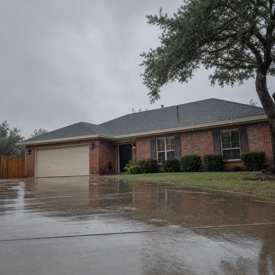A single-story red brick house with a dark shingled roof, attached two-car garage with a white door, and shrubs along the front, seen under an overcast sky with a rain-soaked driveway reflecting the house and a large tree overhanging from the right.