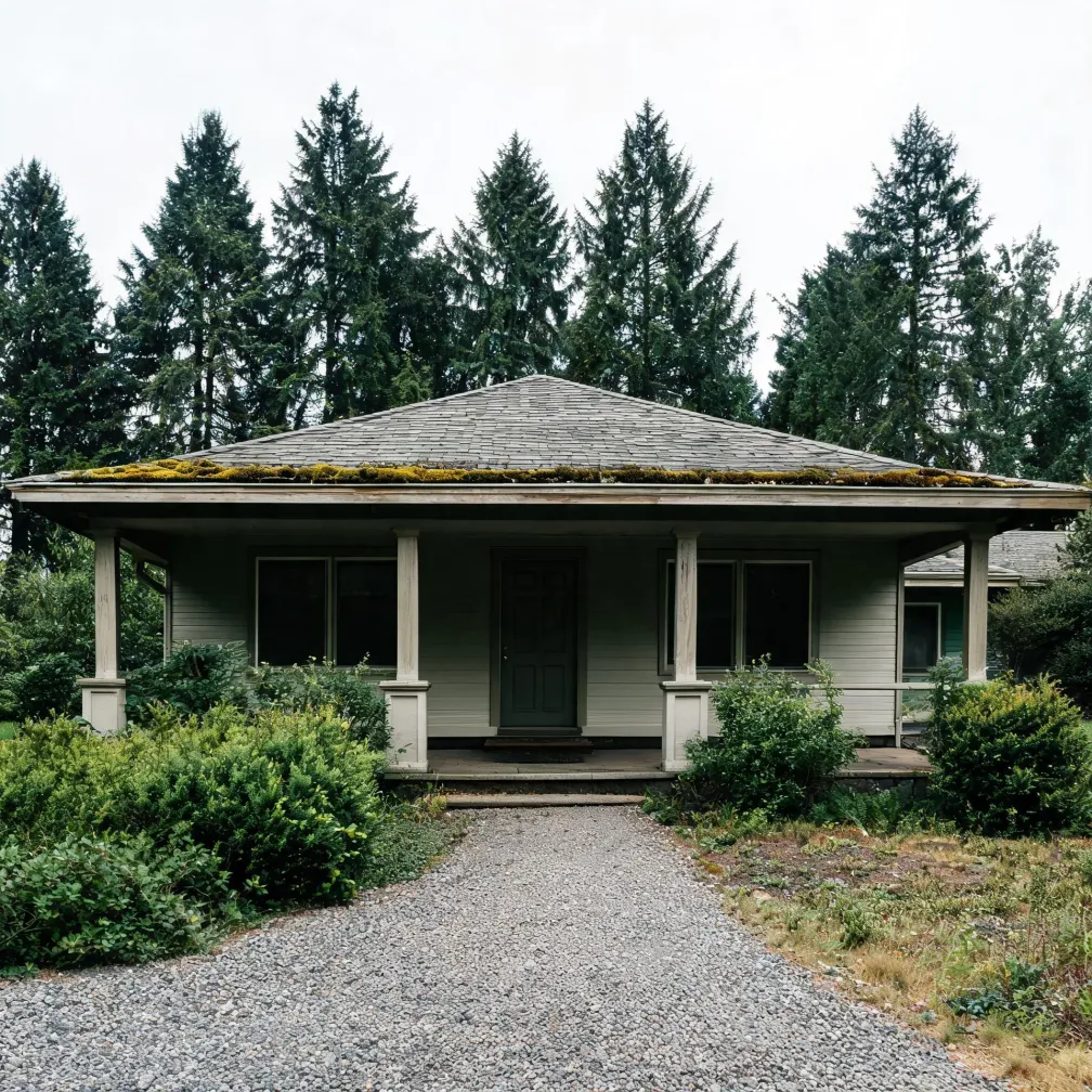 A single-story house with green wood siding, a covered porch on square columns, and a moss-covered shingled hip roof, fronted by a gravel driveway and shrubs, with tall conifers behind it under an overcast sky.