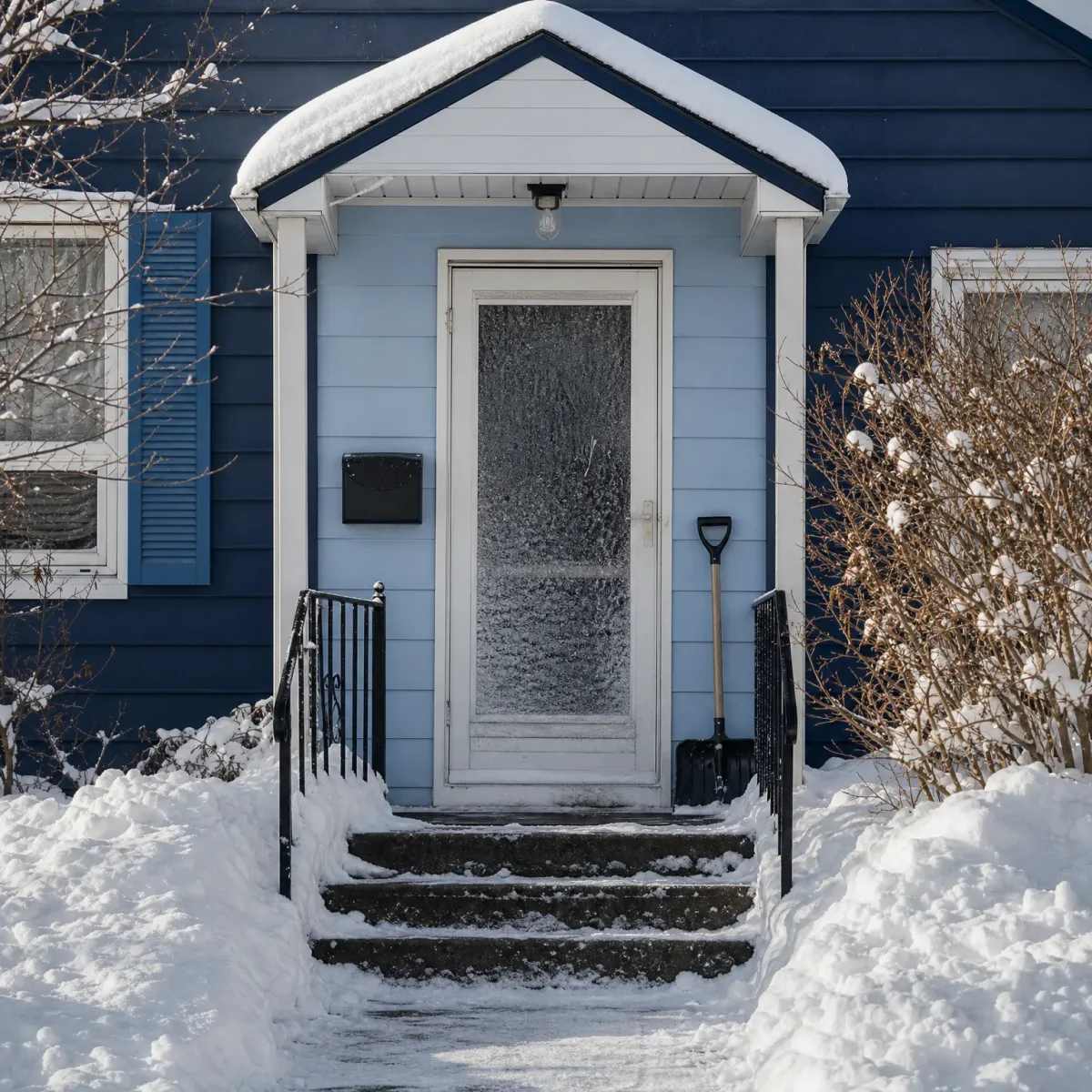 Front entrance of a blue-sided house with a white gabled porch, a frosted glass storm door, a snow shovel leaning beside it, and concrete steps cleared between deep snowbanks.