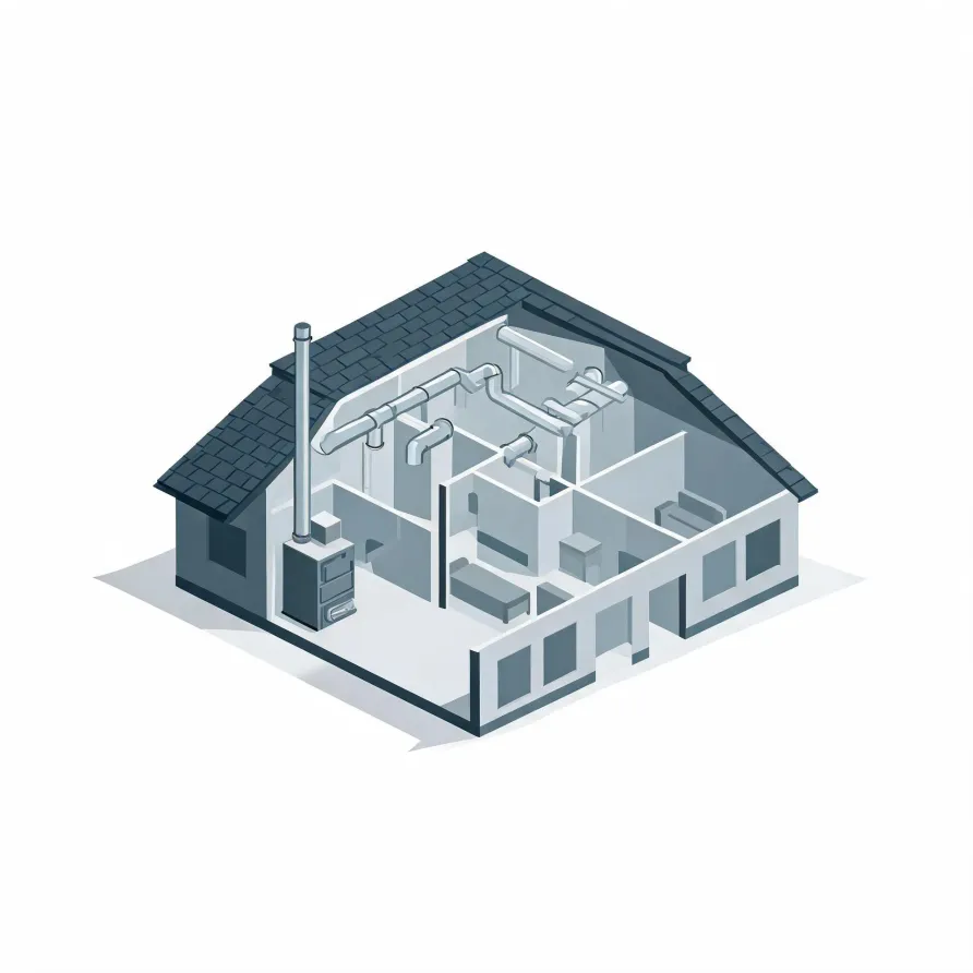 Isometric grayscale illustration of a cutaway house showing interior rooms, ceiling ductwork, a flue pipe, and a furnace unit on the left side.