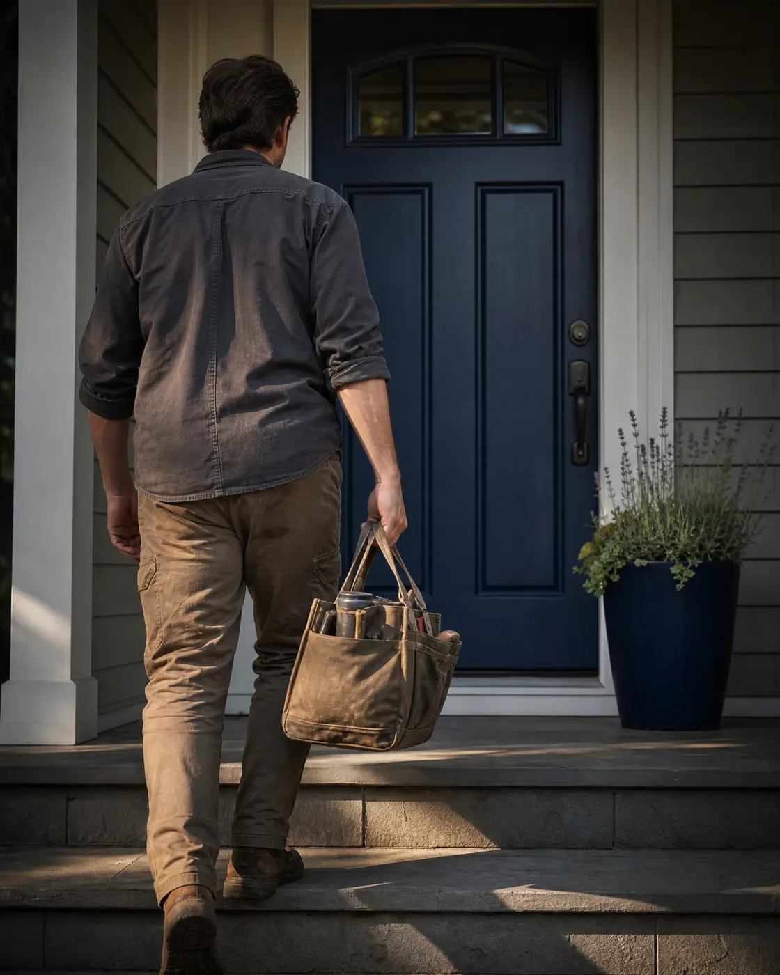 A man in a dark shirt and tan work pants, seen from behind, climbs stone steps toward a navy front door while carrying a waxed canvas tool tote, with a potted lavender plant beside the entry.