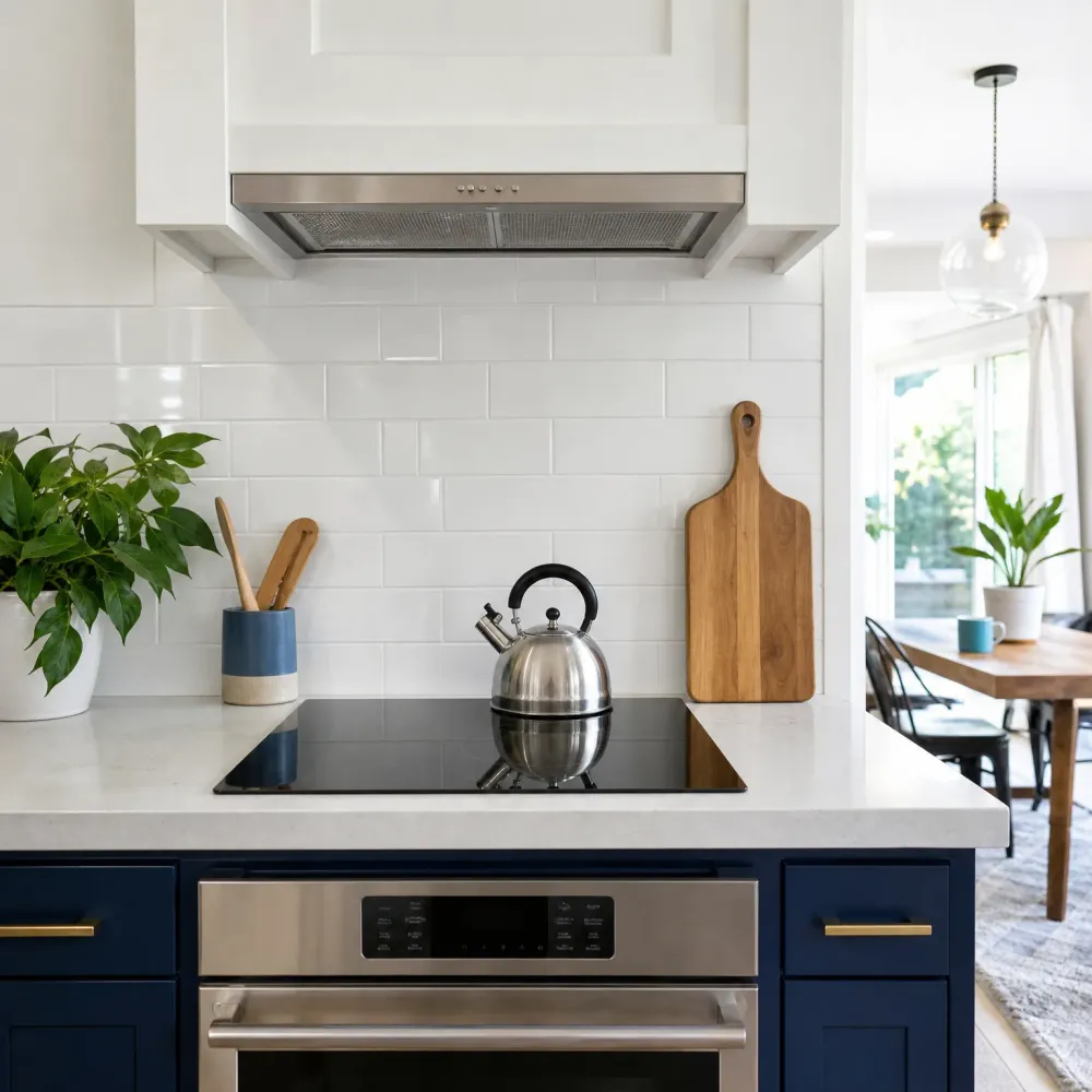 Kitchen with white subway tile backsplash, stainless range hood, a stainless kettle on a black cooktop set in a light countertop above navy cabinets and a wall oven, with a potted plant, utensil crock and wooden cutting board nearby and a dining area with pendant light in the background.