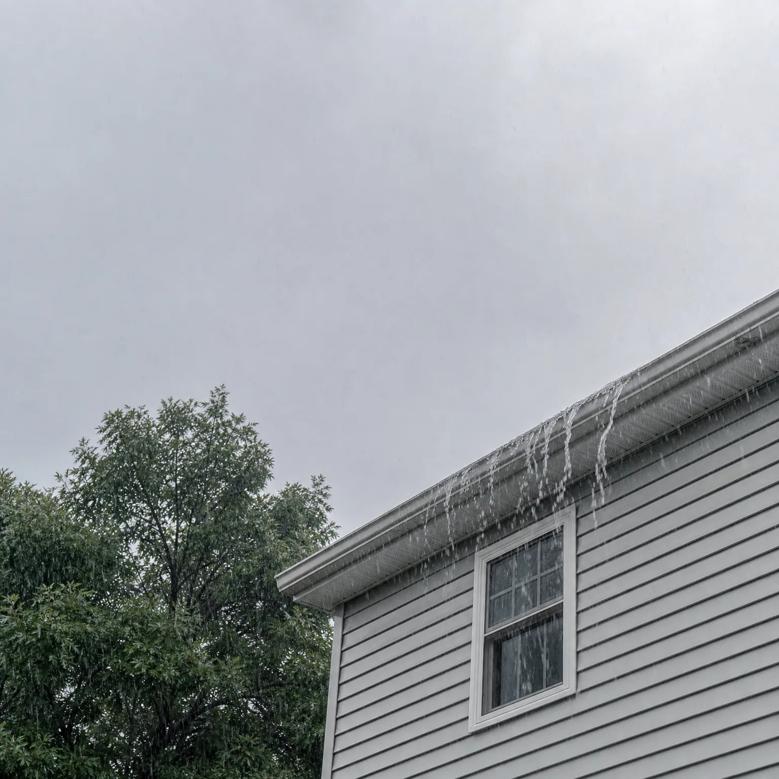 Water overflows from the gutter along the roof edge of a light gray vinyl-sided house with a white-framed window, under an overcast sky, with a leafy tree at left.