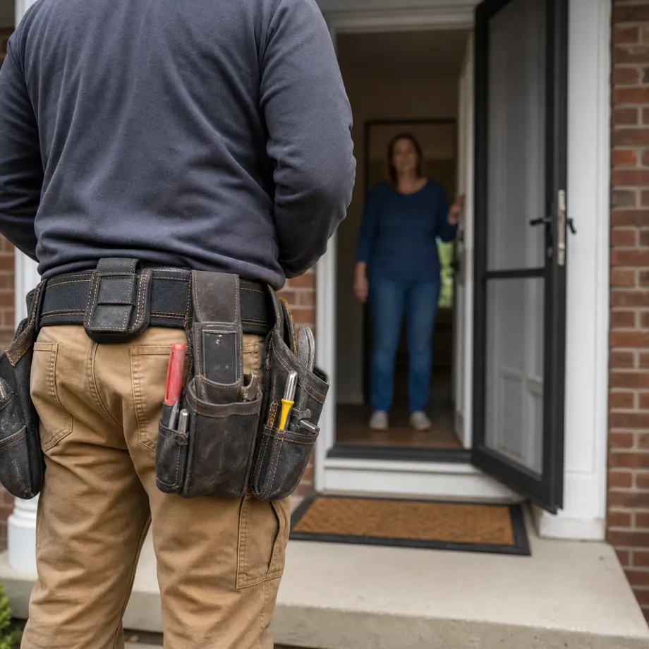 A worker seen from behind wearing a tool belt with screwdrivers stands at an open front door of a brick house, where a woman in a blue top stands in the doorway.