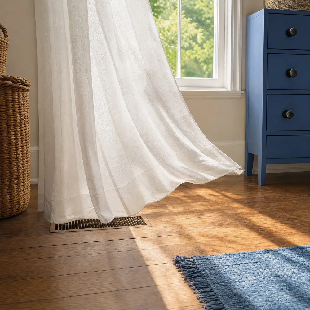 A sheer white curtain hangs beside a sunlit window over a metal floor vent in a wood floor, with a blue chest of drawers, a woven basket, and a blue fringed rug nearby.