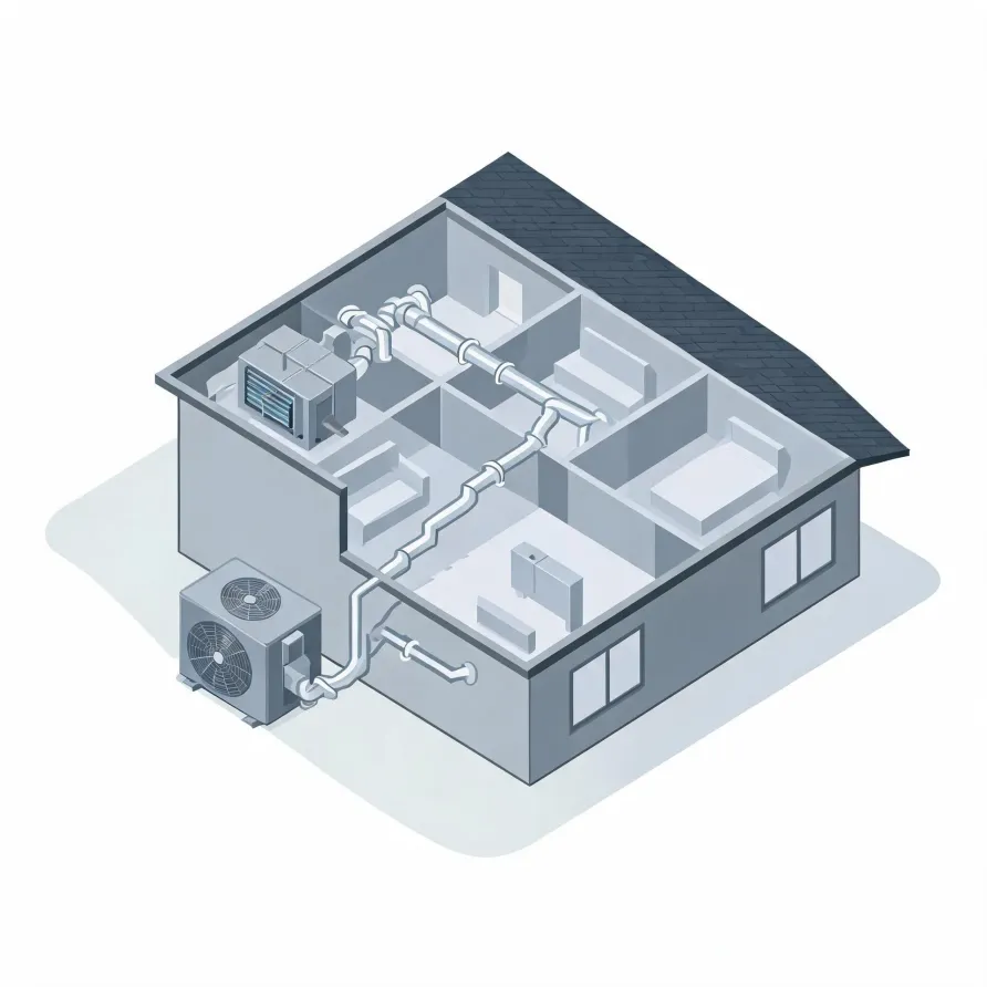 Isometric grey illustration of a cutaway single-story house showing interior rooms, ceiling ductwork connected to an indoor air handler, and an outdoor condenser unit linked by lines outside the wall.