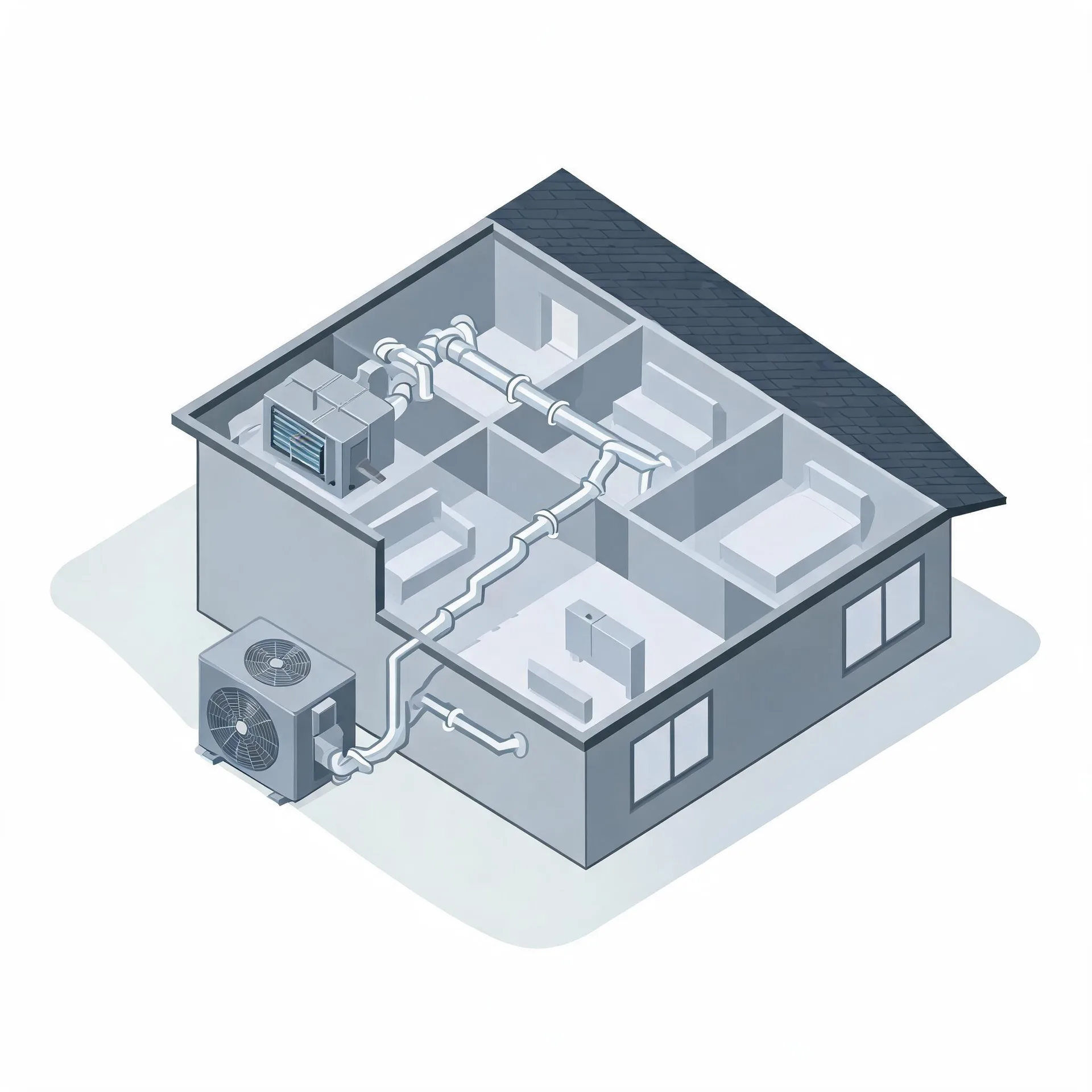 Isometric grey illustration of a cutaway single-story house showing interior rooms, ceiling ductwork connected to an indoor air handler, and an outdoor condenser unit linked by lines outside the wall.