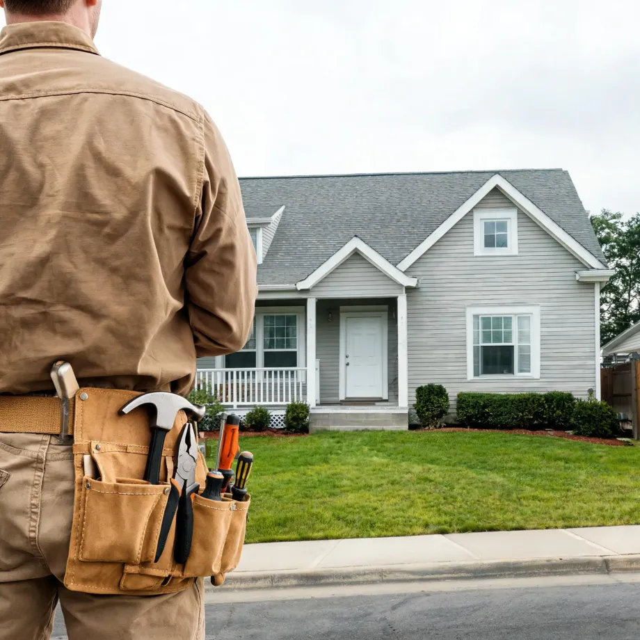 A person in a tan work jacket with a leather tool belt holding a hammer, pliers and screwdrivers stands with their back to the camera facing a gray-sided house with a white front door, shrubs and a mowed lawn.