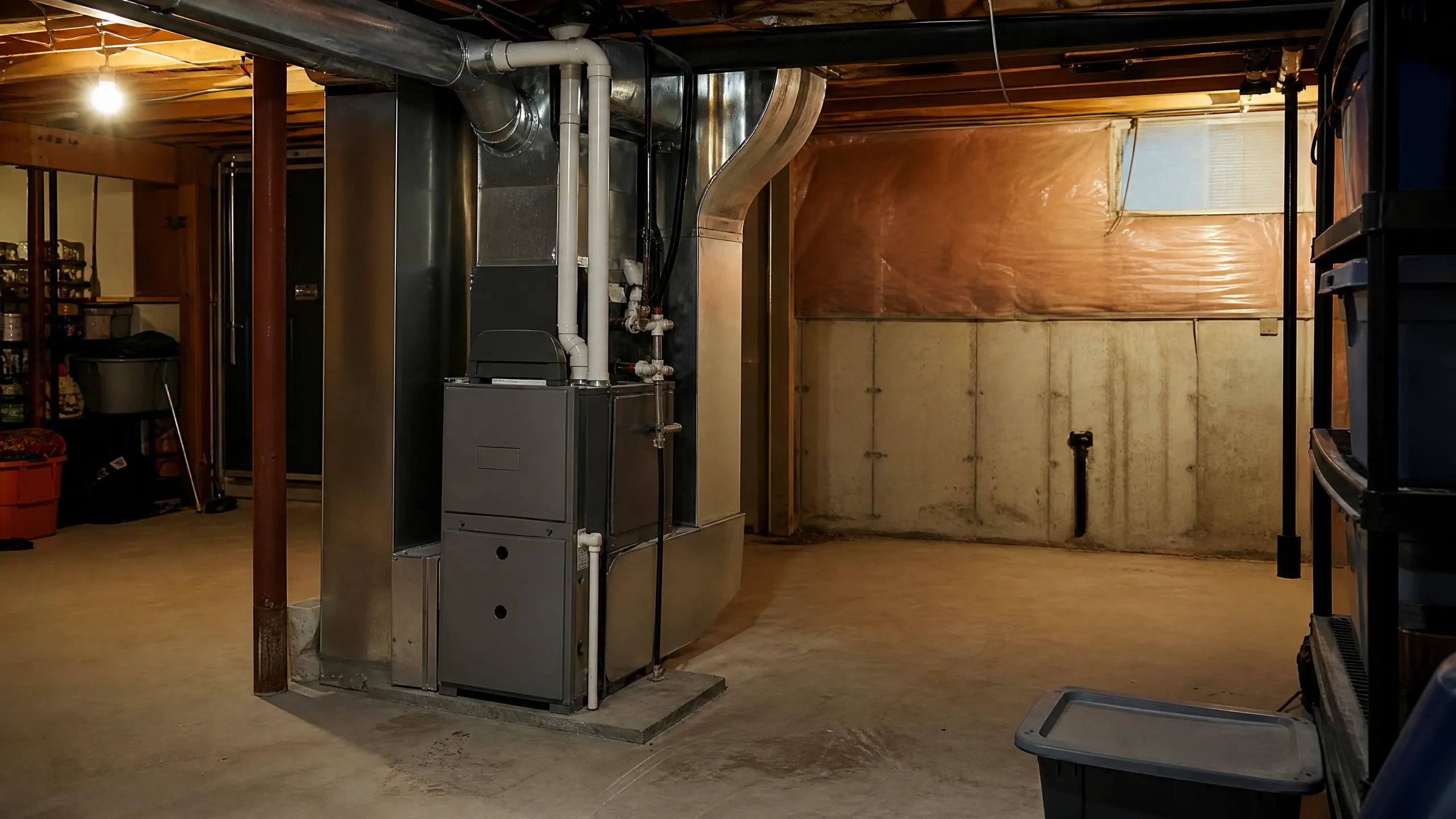 A gas furnace with sheet-metal ductwork and PVC pipes installed in an unfinished basement.