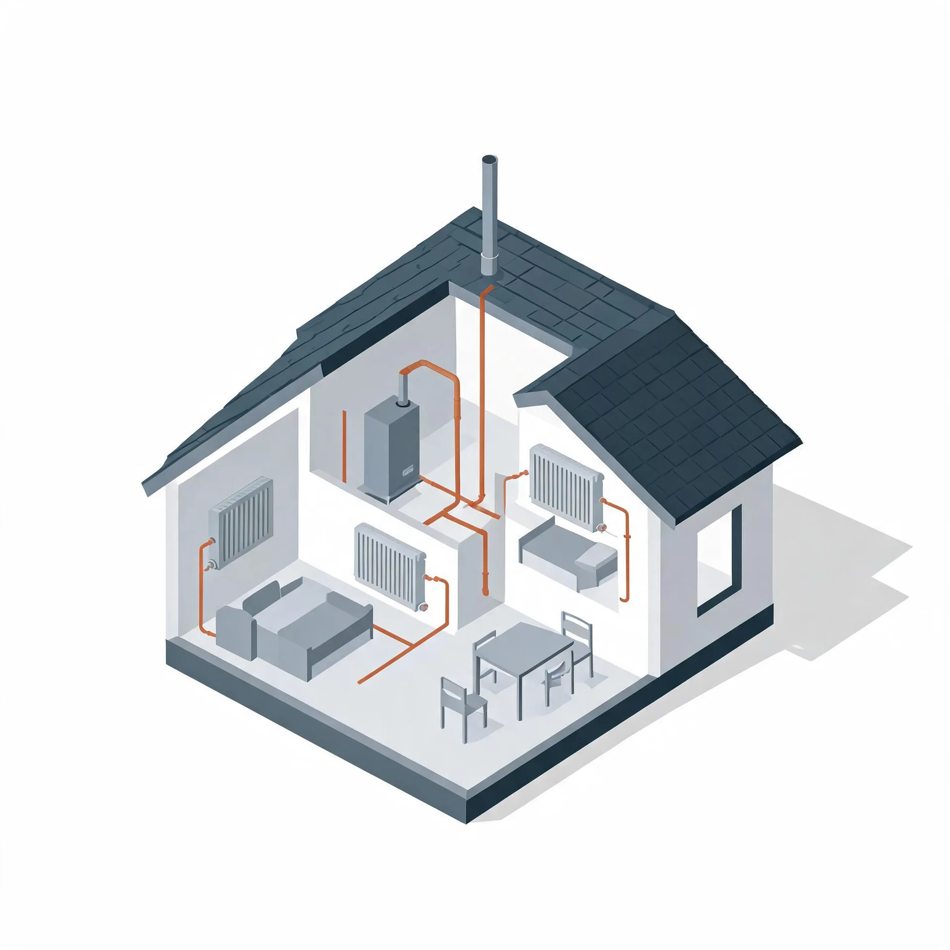 Isometric cutaway illustration of a single-family house showing a wall-mounted boiler with a flue through the roof, orange pipes running to several radiators, and simple grey furniture in the rooms.