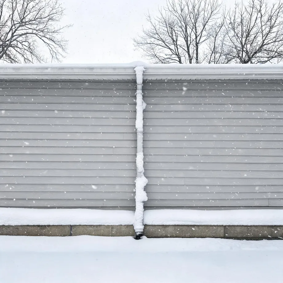 Exterior wall of a building with light gray horizontal siding and a snow-encrusted downspout running down the center, with snow on the roof edge, foundation ledge and ground, bare trees against a pale sky, and snowflakes falling.