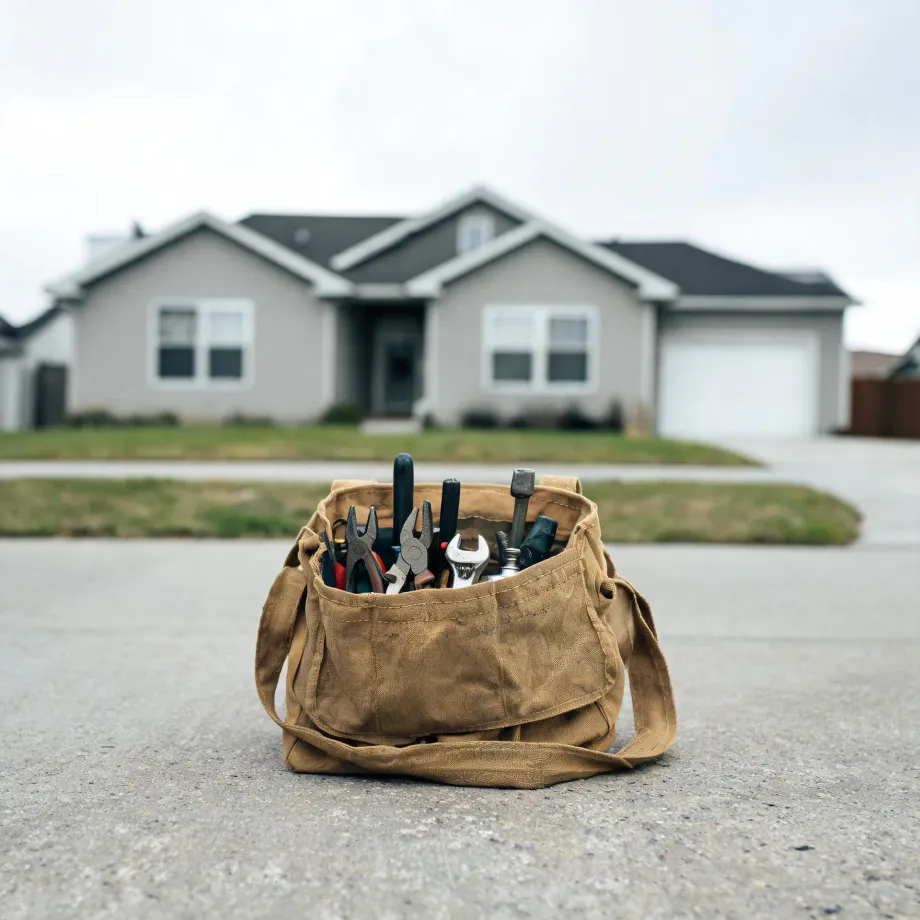 A tan canvas tool bag holding pliers, a wrench, screwdrivers and other hand tools sits on a driveway in front of a blurred single-story gray house with an attached garage.
