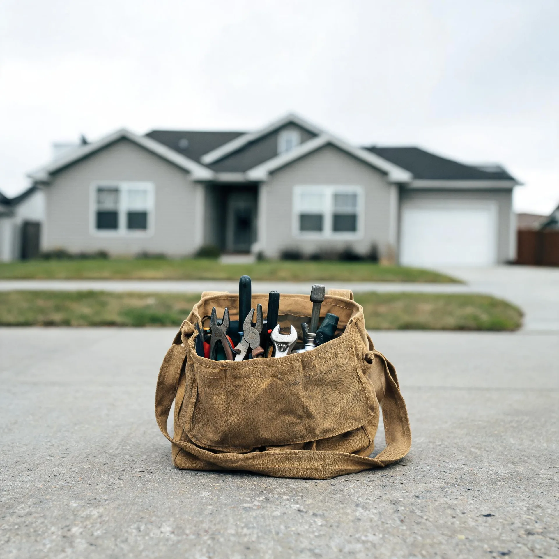 A tan canvas tool bag holding pliers, a wrench, screwdrivers and other hand tools sits on a driveway in front of a blurred single-story gray house with an attached garage.