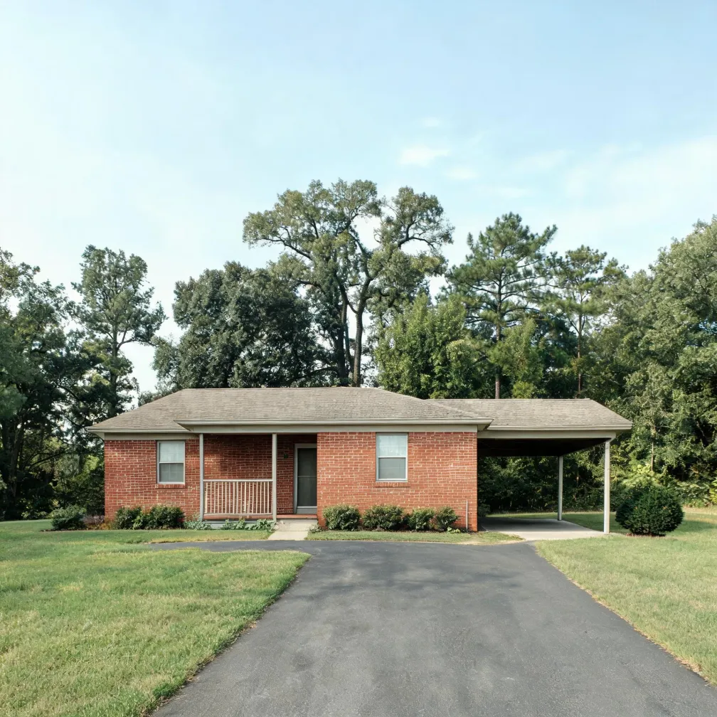 A single-story red brick ranch house with a shingled roof, small covered porch, attached carport on the right, asphalt driveway leading to the camera, mowed lawn, and tall deciduous trees behind it.