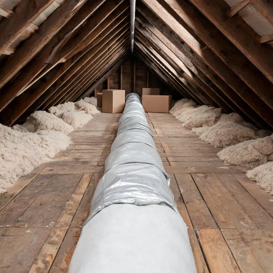 Unfinished attic with wooden rafters and plank floor, a foil-wrapped insulated duct running down the center, batts of insulation along both eaves, and two cardboard boxes at the far end.
