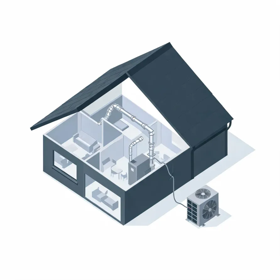 Isometric illustration of a cutaway house showing interior rooms with furniture, a furnace and ductwork, connected by a line to an outdoor condenser unit on the ground outside.