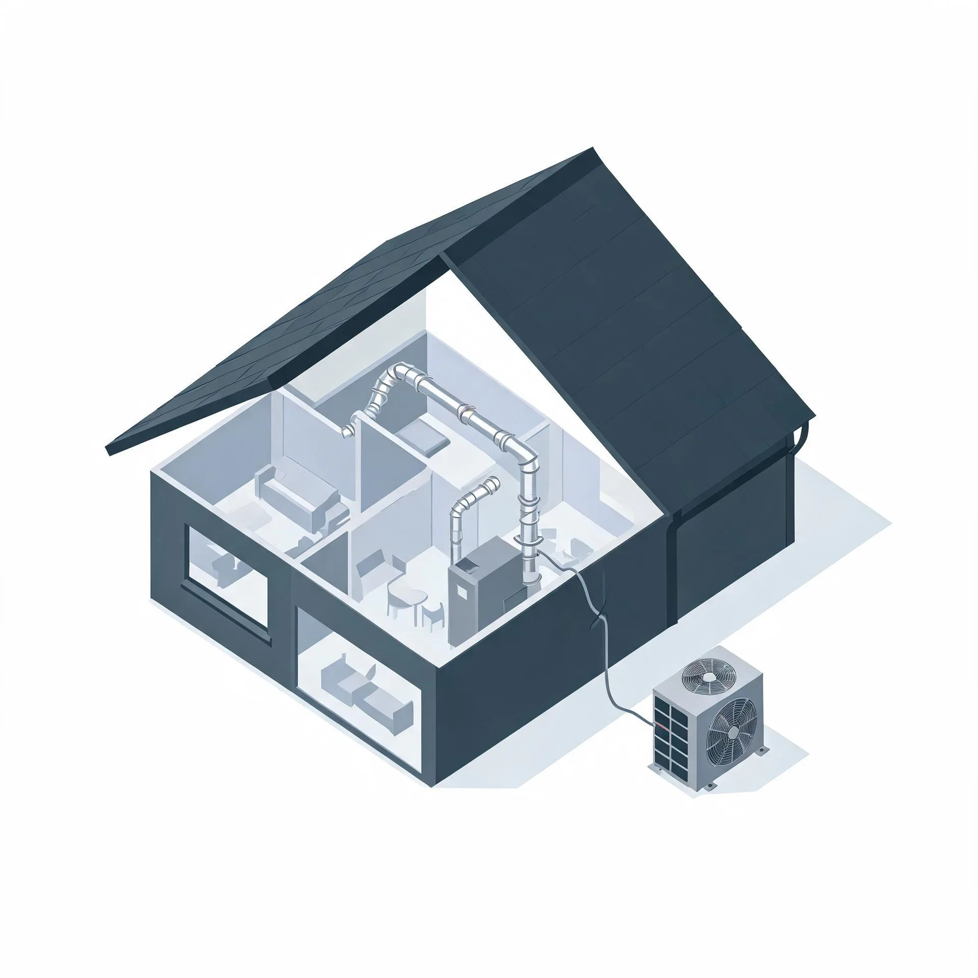 Isometric illustration of a cutaway house showing interior rooms with furniture, a furnace and ductwork, connected by a line to an outdoor condenser unit on the ground outside.
