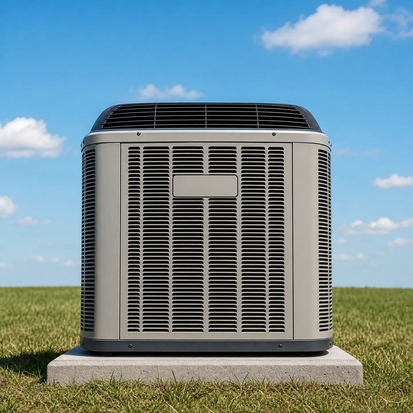 A gray residential air conditioning condenser unit mounted on a concrete pad outdoors, surrounded by green grass under a partly cloudy blue sky.