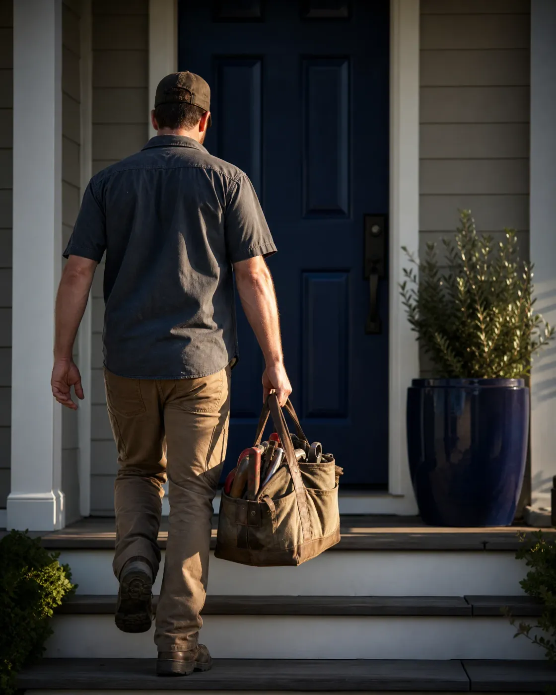 A man in a dark shirt, tan pants and cap walks up porch steps toward a navy blue front door, carrying a canvas tool bag filled with hand tools, beside a potted shrub in a blue planter.