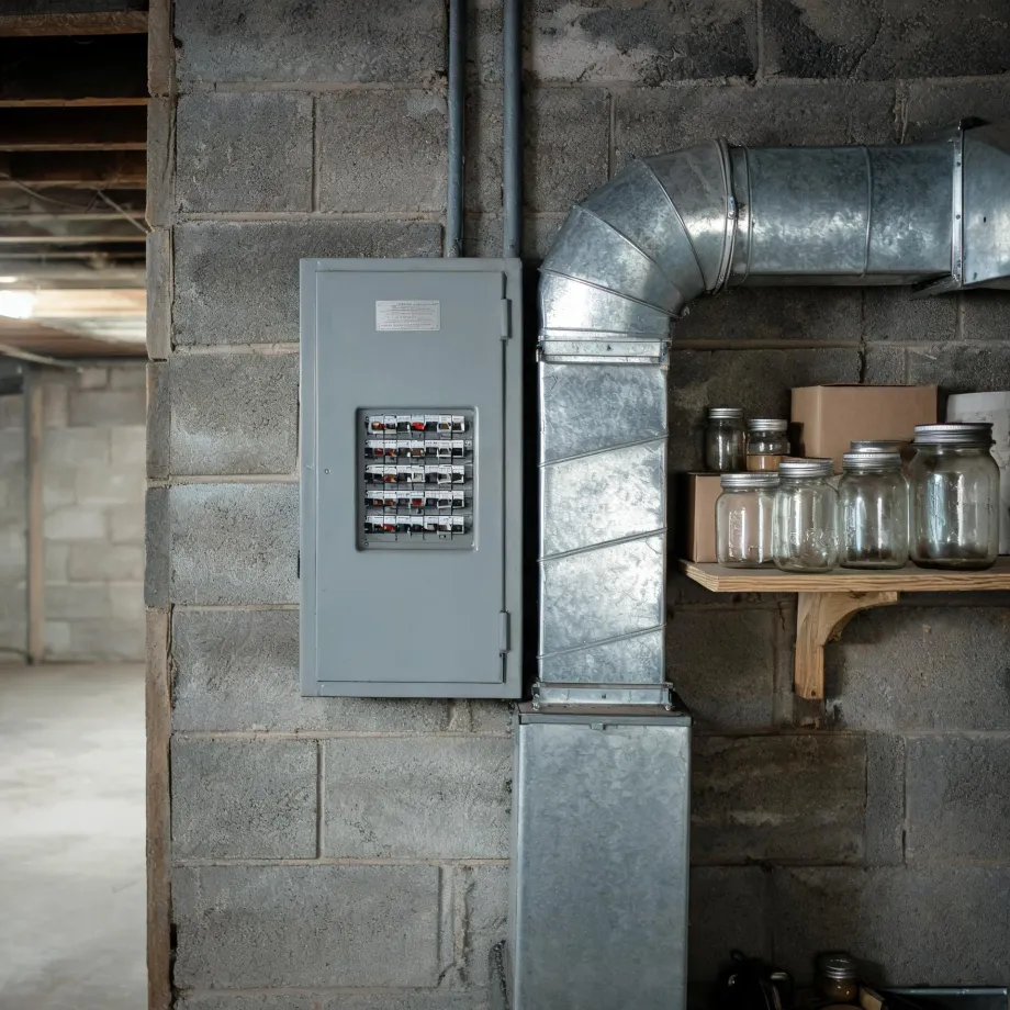 A gray electrical breaker panel mounted on a concrete block basement wall, next to galvanized sheet metal ductwork and a wooden shelf holding empty glass canning jars and a cardboard box.