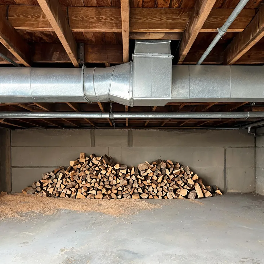 A basement interior with galvanized metal ductwork and pipes running beneath exposed wooden floor joists, above a concrete block wall and a pile of split firewood on a concrete floor.