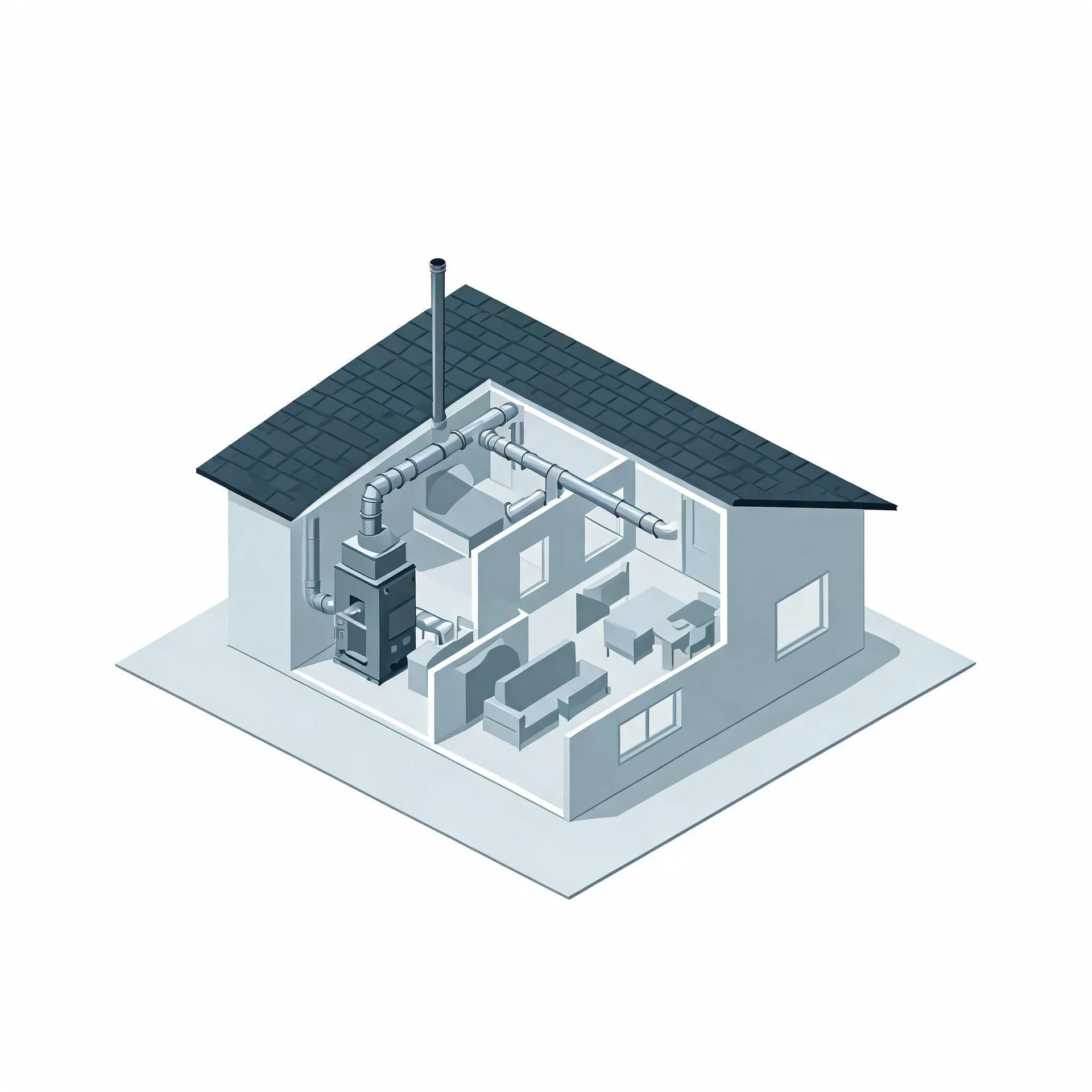 Isometric cutaway illustration of a single-story house with a dark shingled roof, showing a furnace with a flue pipe and branching ductwork running through interior rooms furnished with a sofa, table and chairs.