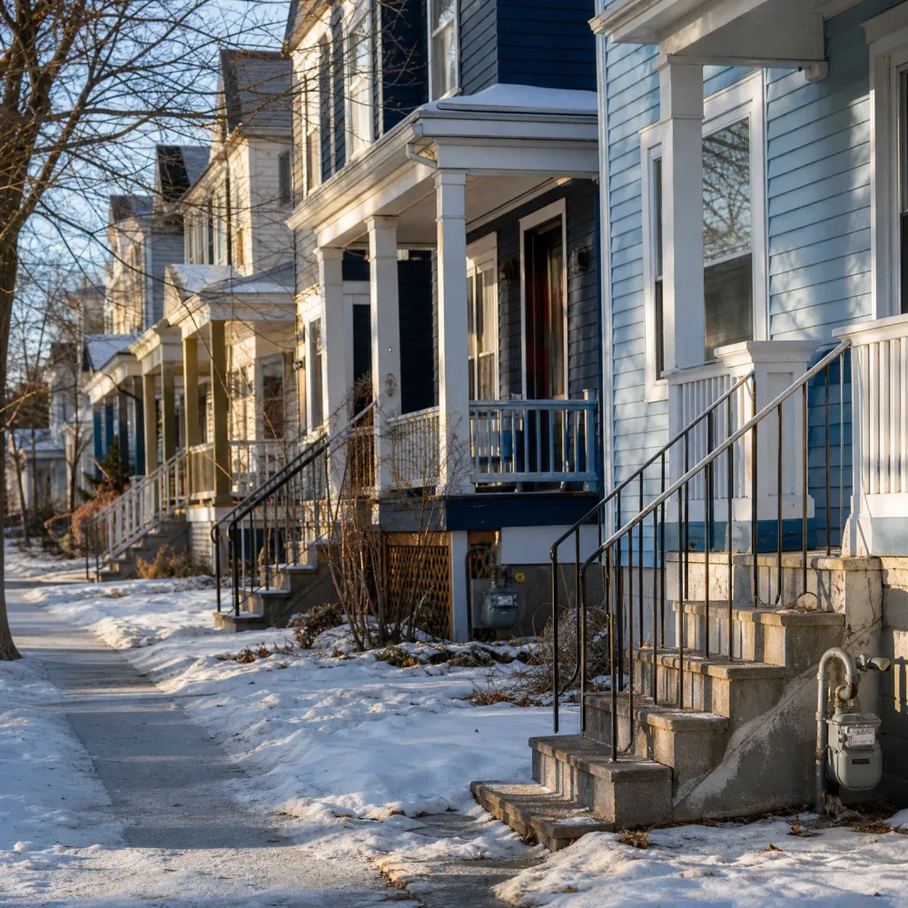A row of wood-sided houses with covered porches, concrete steps and metal railings along a snow-covered sidewalk in winter sunlight.