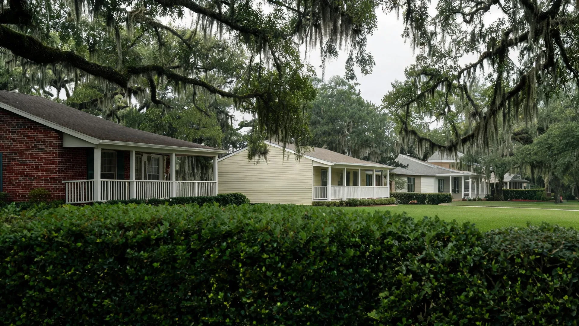 A row of single-story houses with porches, one brick and others with pale siding, behind a trimmed hedge and lawn, under oak branches draped with Spanish moss.