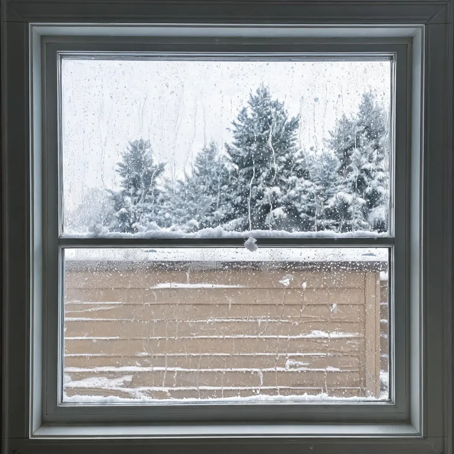 View through a wet, water-streaked double-hung window with gray trim, showing snow-covered evergreen trees above and a snow-topped wooden fence below.