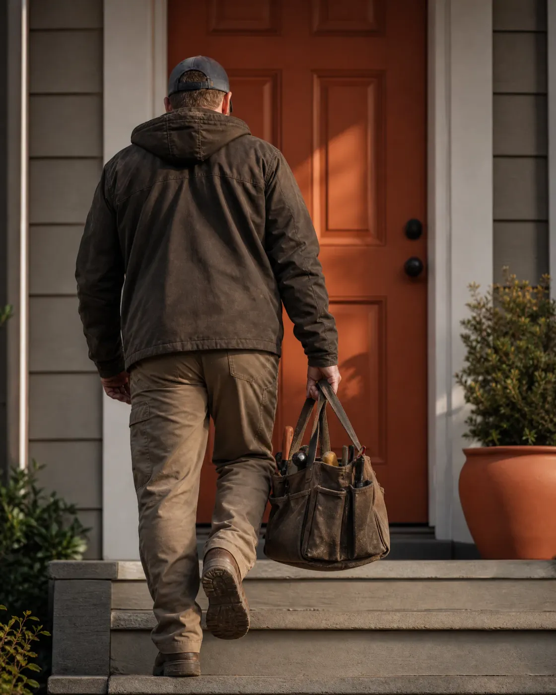 A man in a cap, brown jacket and tan pants, seen from behind, carries a canvas tool bag up concrete steps toward an orange front door.