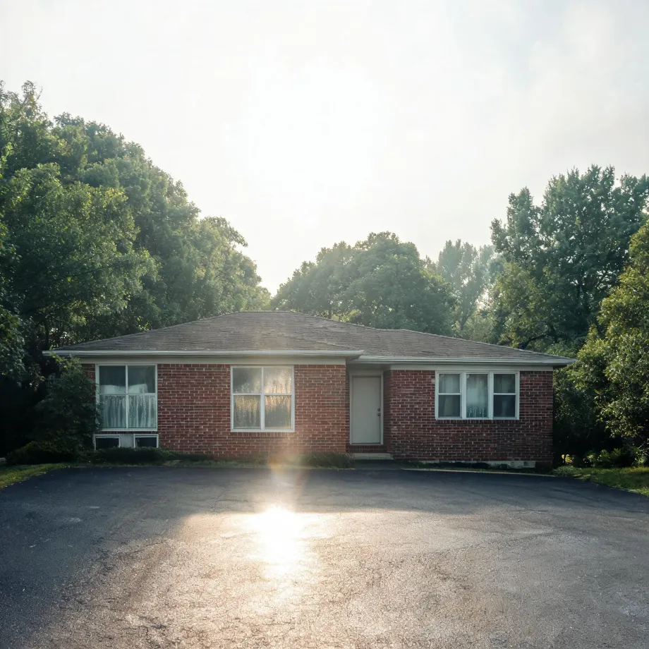 A single-story red brick house with a gray shingled hip roof, white-framed windows and a light gray front door, fronted by a large asphalt parking area, with deciduous trees behind it and sun flare in the frame.