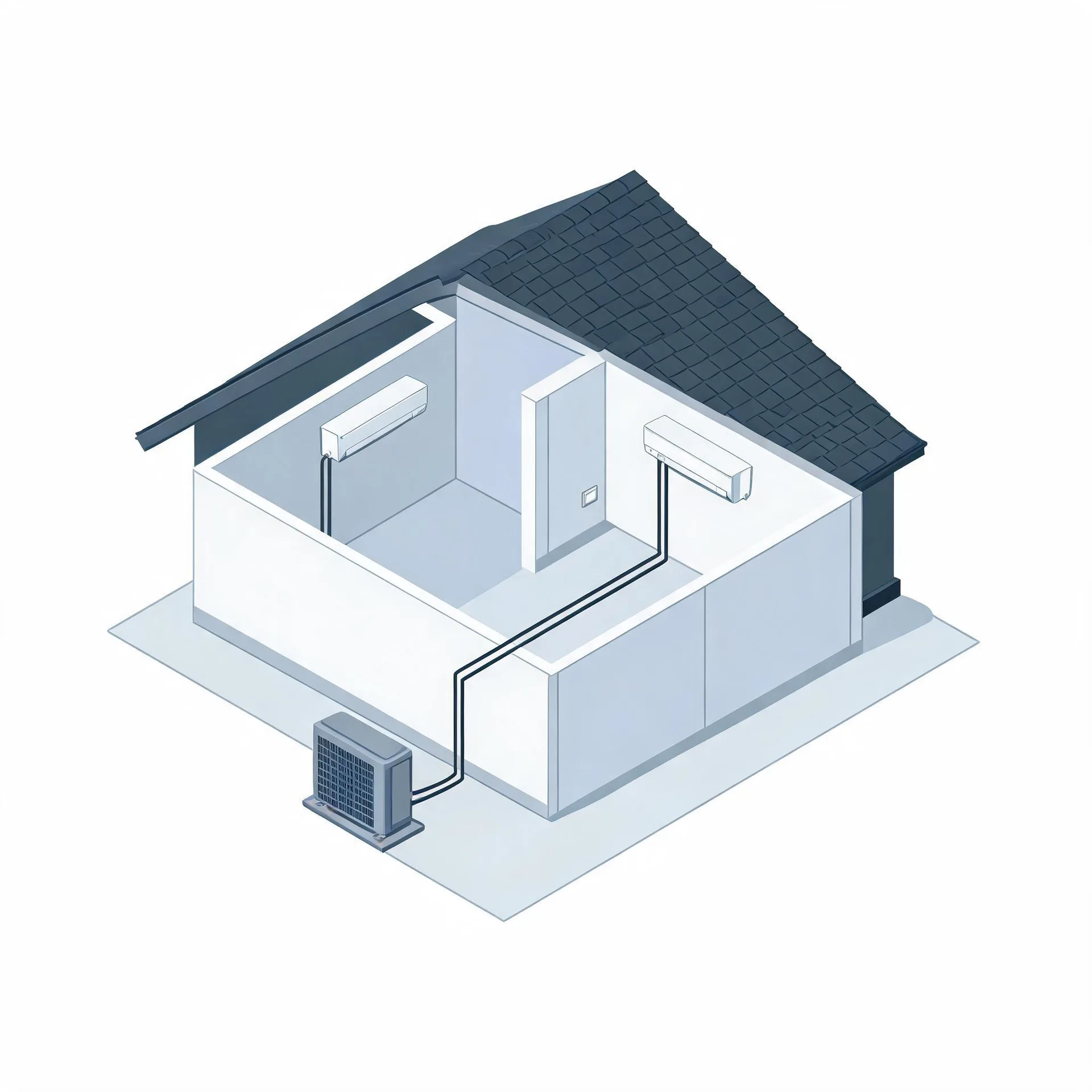 Isometric cutaway illustration of a small house with a dark shingled roof, showing two wall-mounted indoor air conditioning units in separate rooms connected by lines to an outdoor condenser unit on the ground outside.