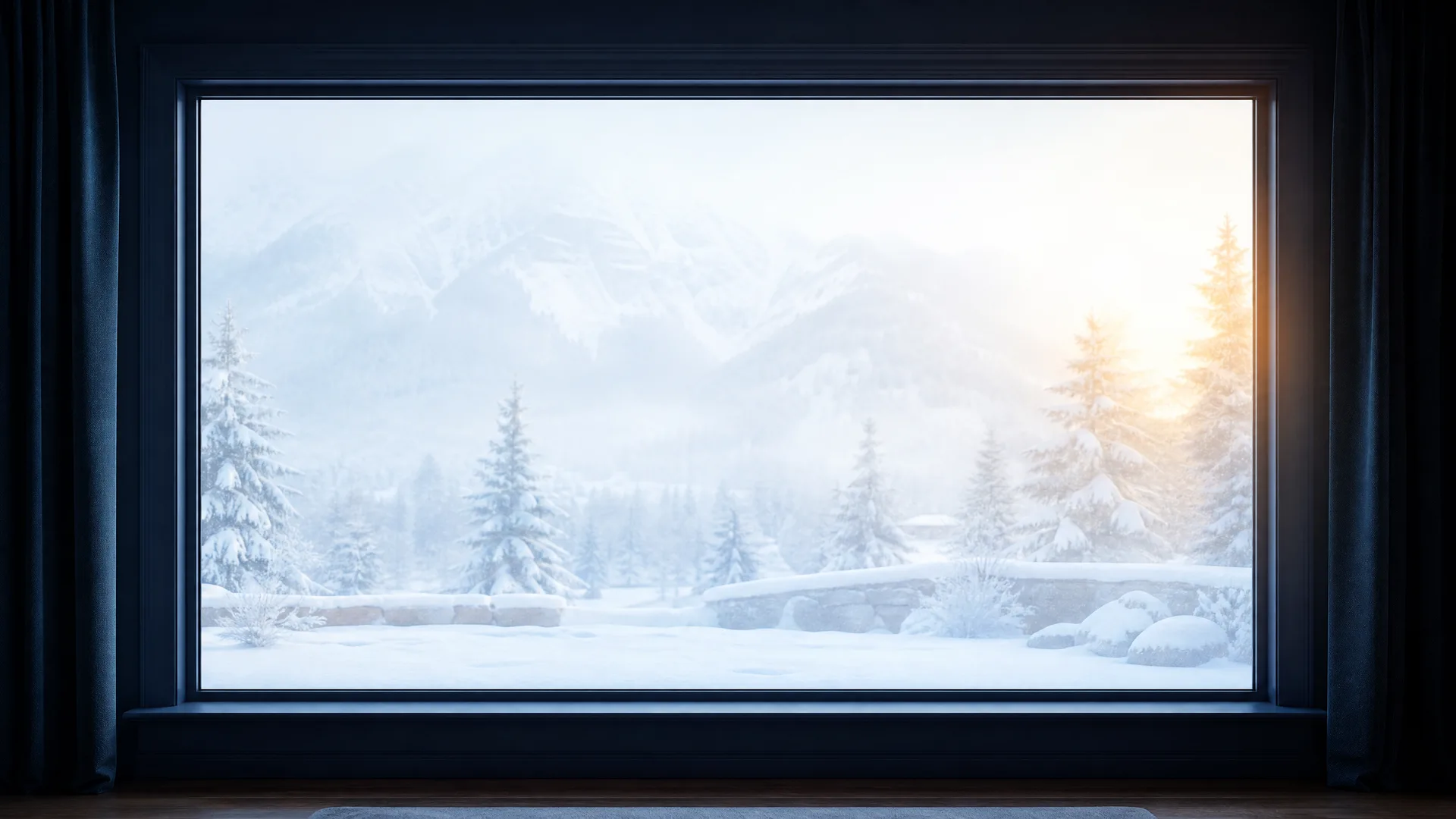 View from a dark interior through a large window onto a bright snow-covered landscape with conifers, a low stone wall and misty mountains, with sunlight at the upper right.