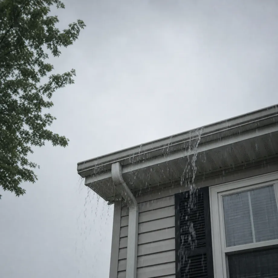 Corner of a house with light horizontal siding, a white gutter and downspout overflowing with water against an overcast gray sky, with green tree branches at upper left.