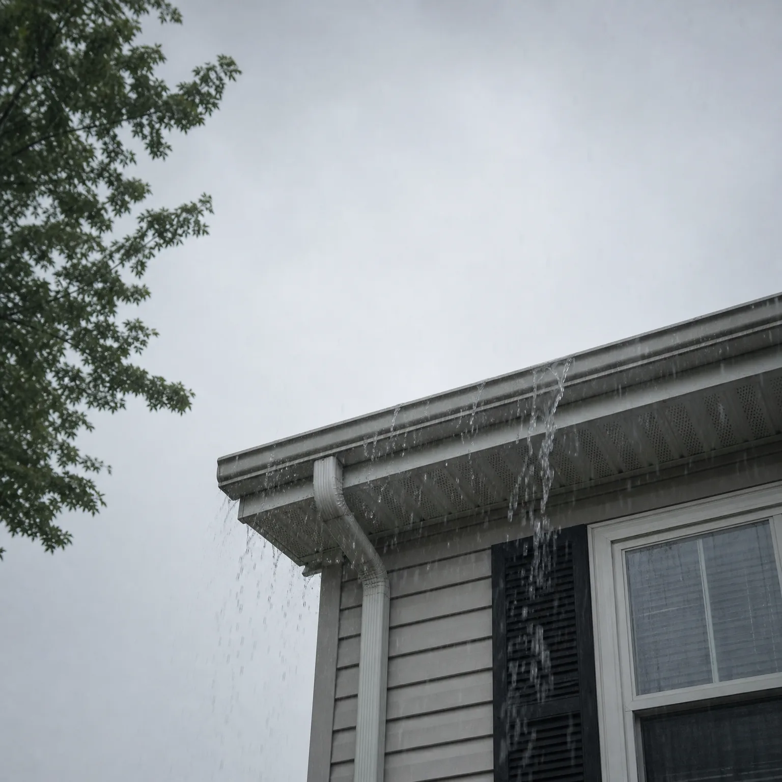 Corner of a house with light horizontal siding, a white gutter and downspout overflowing with water against an overcast gray sky, with green tree branches at upper left.