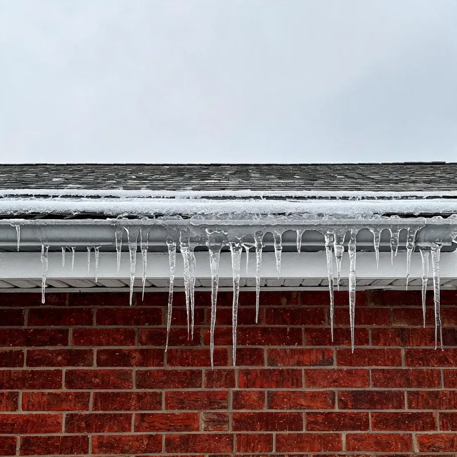 Icicles hang from a white gutter along the edge of a shingled roof above a red brick wall, under an overcast sky.
