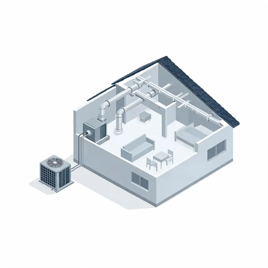 Isometric cutaway illustration of a house showing interior ductwork, an air handler, and an outdoor condenser unit connected by lines, with simple furniture in the rooms.
