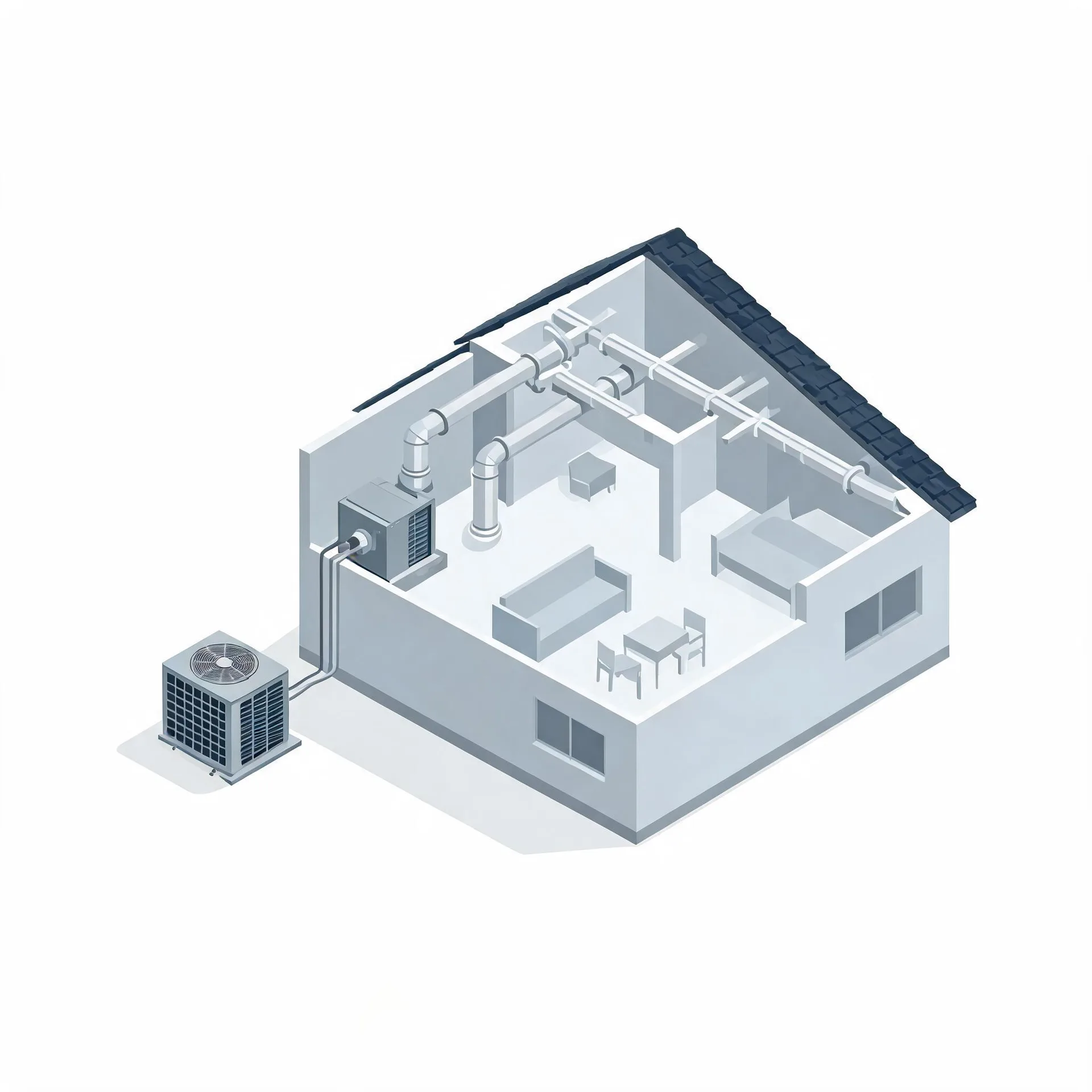 Isometric cutaway illustration of a house showing interior ductwork, an air handler, and an outdoor condenser unit connected by lines, with simple furniture in the rooms.