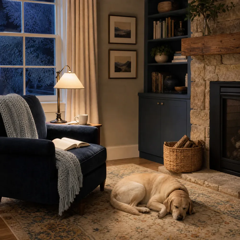 A dimly lit living room at night with a dark blue armchair holding an open book and knit throw, a lit table lamp, a stone fireplace with a log basket, and a yellow Labrador sleeping on a patterned rug.